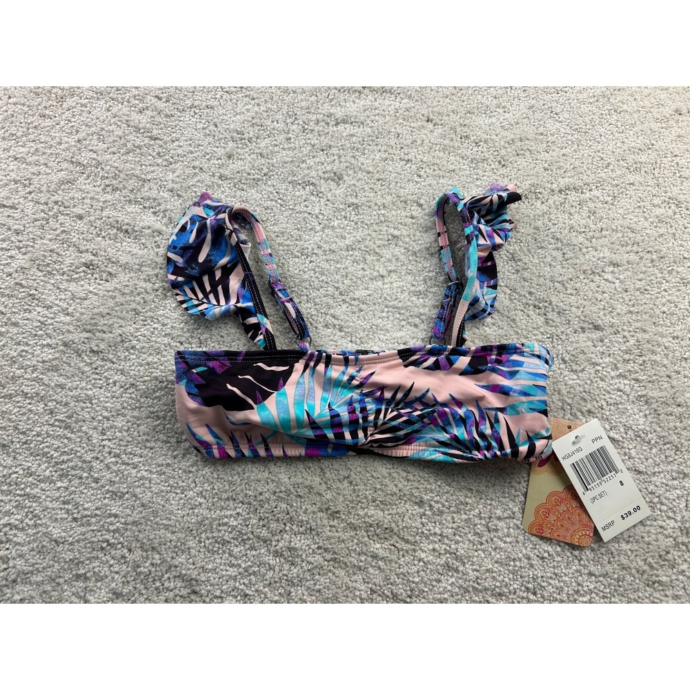 Hobie Girls Swimwear Top Size 8 Pink Blue Tropical‎ Print Ruffle Strap